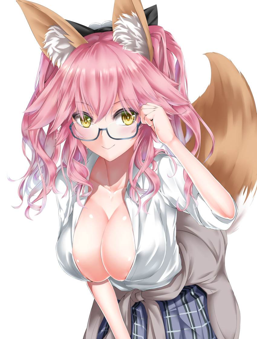 1girl absurdres alternate_costume animal_ears blush breasts cleavage clothes_around_waist fate/grand_order fate_(series) fox_ears fox_tail glasses highres jacket_around_waist kamehito large_breasts long_hair looking_at_viewer pink_hair school_uniform semi-rimless_eyewear shirt skirt smile solo tail tamamo_(fate)_(all) tamamo_jk_(fate) tamamo_no_mae_(fate) twintails unbuttoned yellow_eyes