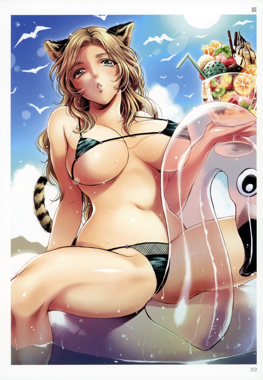1girl absurdres animal animal_ears artist_name bangs bare_shoulders bikini bird black_bikini blue_sky breasts clouds cloudy_sky cream day drinking_straw eyebrows_visible_through_hair fingernails flieger food fruit highres holding huge_filesize ice_cream large_breasts lips looking_at_viewer navel orange orange_slice outdoors page_number parted_lips scan see-through shiny shiny_skin sitting sky solo spread_legs sun sunlight swimsuit tail tiger_ears tiger_tail toranoana water water_drop wet
