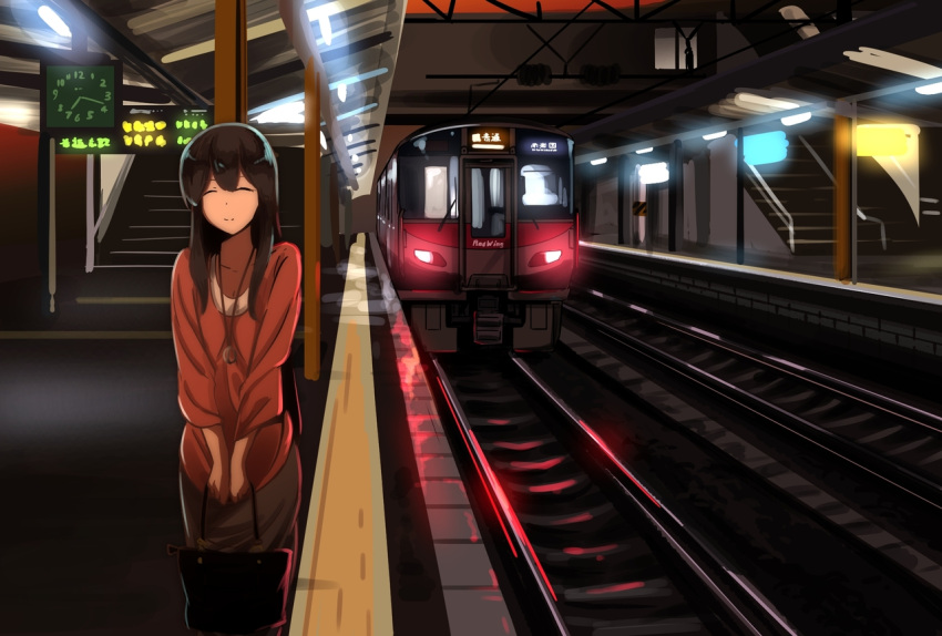 1girl akagi_(kantai_collection) alternate_costume black_hair commentary_request japanese_clothes kantai_collection smile subway_station vi3r6ein