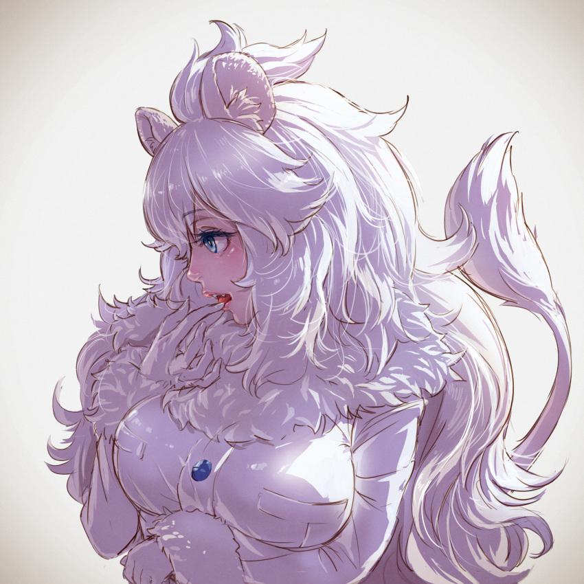 1girl animal_ears blue_eyes breast_hold breast_pocket breasts buttons eyebrows_visible_through_hair fang finger_licking finger_to_mouth fur-trimmed_sleeves fur_collar fur_trim gloves hand_up highres jacket kemono_friends licking lion_ears lion_tail long_hair long_sleeves looking_afar open_mouth pocket profile shirt solo tail takami_masahiro tongue upper_body very_long_hair white_hair white_jacket white_lion_(kemono_friends) white_shirt