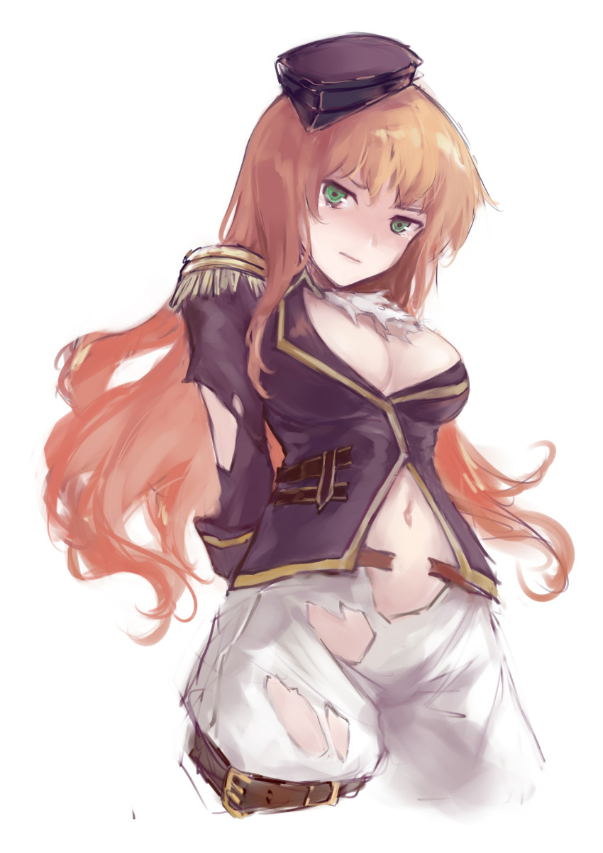 1girl absurdres arms_behind_back breasts cropped_legs epaulettes frown girls_frontline green_eyes hat hei_chuan_gui highres large_breasts long_sleeves military military_hat military_uniform navel orange_hair pants shaded_face sig-510_(girls_frontline) simple_background sketch solo thigh_strap torn_clothes uniform white_background white_pants