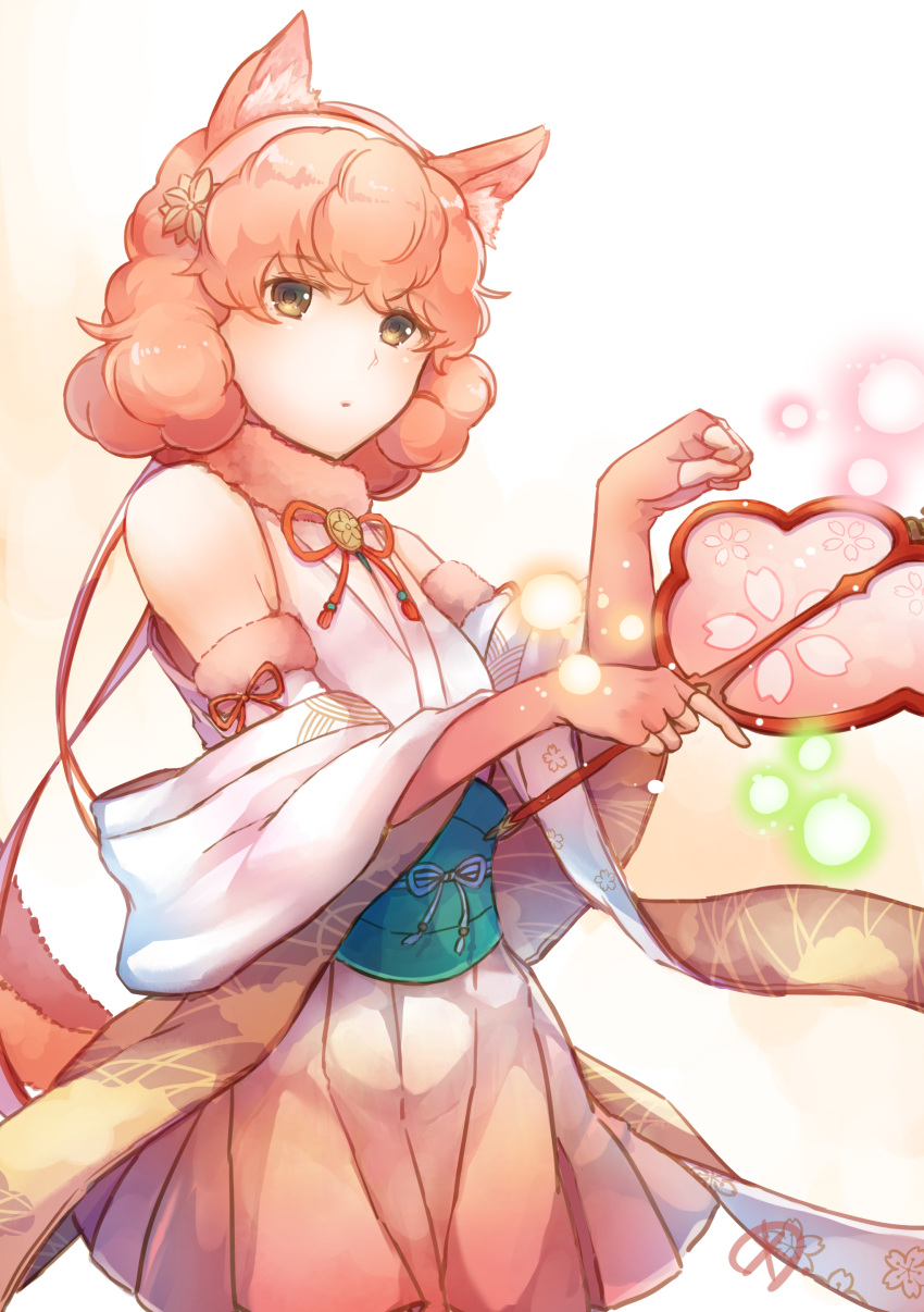 1girl absurdres animal_ears bare_shoulders brown_eyes cat_ears cat_tail cosplay curly_hair elbow_gloves fake_animal_ears fake_tail fingerless_gloves fire_emblem fire_emblem_echoes:_mou_hitori_no_eiyuuou fire_emblem_heroes fire_emblem_if fur_trim gloves hair_ornament hairband highres holding japanese_clothes jenny_(fire_emblem) pink_gloves pink_hair ribbon sakura_(fire_emblem_if) sakura_(fire_emblem_if)_(cosplay) sleeveless solo tail yukimiyuki