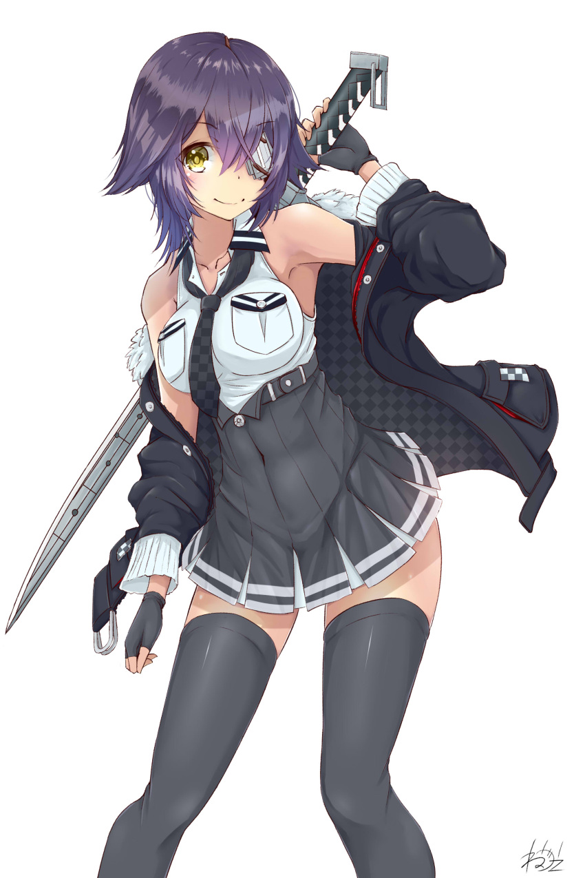 1girl absurdres black_gloves black_jacket black_legwear black_neckwear black_skirt checkered covered_navel eyepatch fingerless_gloves gloves high-waist_skirt highres holding holding_sword holding_weapon jacket kantai_collection looking_at_viewer miniskirt necktie neve open_clothes open_jacket pleated_skirt purple_hair shiny shiny_clothes shirt short_hair simple_background skirt sleeveless sleeveless_shirt smile solo standing sword tenryuu_(kantai_collection) thigh-highs weapon white_background white_shirt yellow_eyes zettai_ryouiki