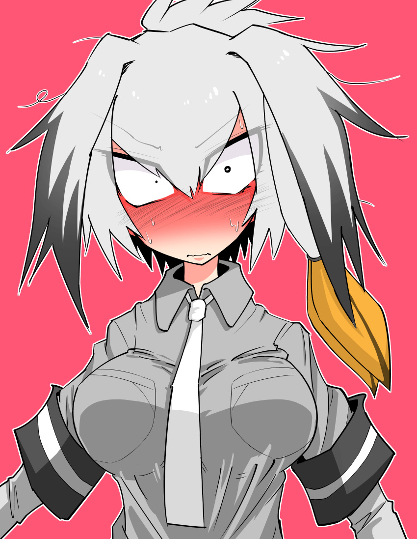 1girl absurdres black_hair blush breast_pocket breasts closed_mouth collared_shirt commentary_request constricted_pupils eyebrows_visible_through_hair eyes_visible_through_hair grey_hair grey_shirt hair_between_eyes highres impossible_clothes impossible_shirt kemono_friends long_hair long_sleeves low_ponytail multicolored_hair necktie no_nose nose_blush nuka_cola06 orange_hair pocket shirt shoebill_(kemono_friends) short_over_long_sleeves short_sleeves side_ponytail simple_background solo sweat sweating_profusely tsurime upper_body v-shaped_eyebrows wavy_mouth white_neckwear wing_collar