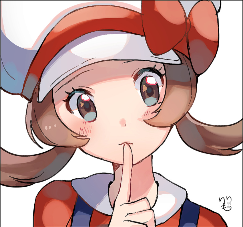 1girl bow brown_eyes brown_hair cabbie_hat closed_mouth finger_to_mouth frown hat hat_bow head_tilt highres index_finger_raised kotone_(pokemon) long_hair looking_at_viewer pokemon pokemon_(game) pokemon_hgss portrait red_bow ririmon simple_background solo twintails upper_body white_background white_hat