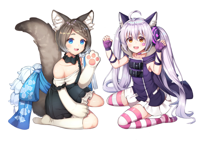 2girls :3 :d ahoge animal_ears arms_up bangs bare_shoulders blue_bow blue_eyes blush bow braid brown_hair cat_ear_headphones character_request claw_pose collarbone dress eyebrows_visible_through_hair facial_mark fingerless_gloves forever_7th_capital gloves green_skirt hair_between_eyes headphones headset highres japanese_clothes kneehighs looking_at_viewer multiple_girls no_shoes off-shoulder_shirt open_mouth parted_bangs paw_gloves paws purple_dress purple_gloves rangen shirt short_hair silver_hair simple_background skirt sleeveless sleeveless_shirt smile star striped striped_legwear suspender_skirt suspenders suspenders_slip tail thigh-highs twintails white_background white_legwear white_shirt