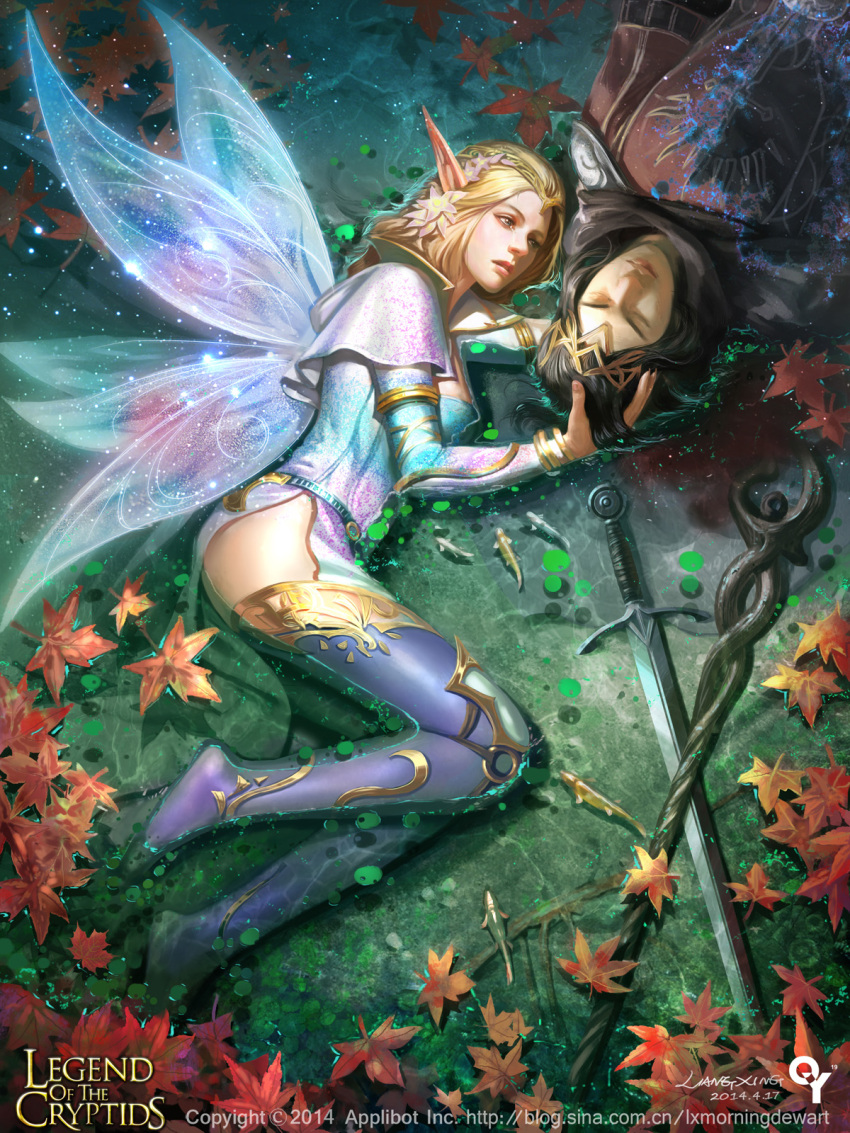 1girl artist_name black_hair blonde_hair boots copyright_name crown crying faceless faceless_male fairy_wings fish flower green_eyes hair_flower hair_ornament highres leaf legend_of_the_cryptids liang_xing long_hair official_art pointy_ears solo sparkle sword tiara water watermark weapon web_address wings