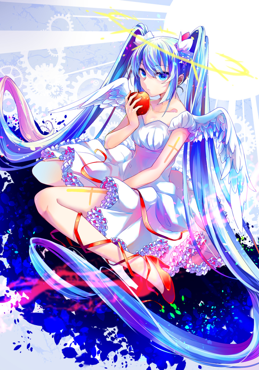 1girl absurdly_long_hair apple between_legs blue_eyes blue_hair collarbone dress eyebrows_visible_through_hair feathered_wings food fruit full_body hair_between_eyes hair_ornament hand_between_legs hatsune_miku high_heels highres holding holding_fruit long_hair red_footwear red_ribbon ribbon shirayuki_towa sitting sleeveless sleeveless_dress solo twintails very_long_hair vocaloid white_dress white_wings wings