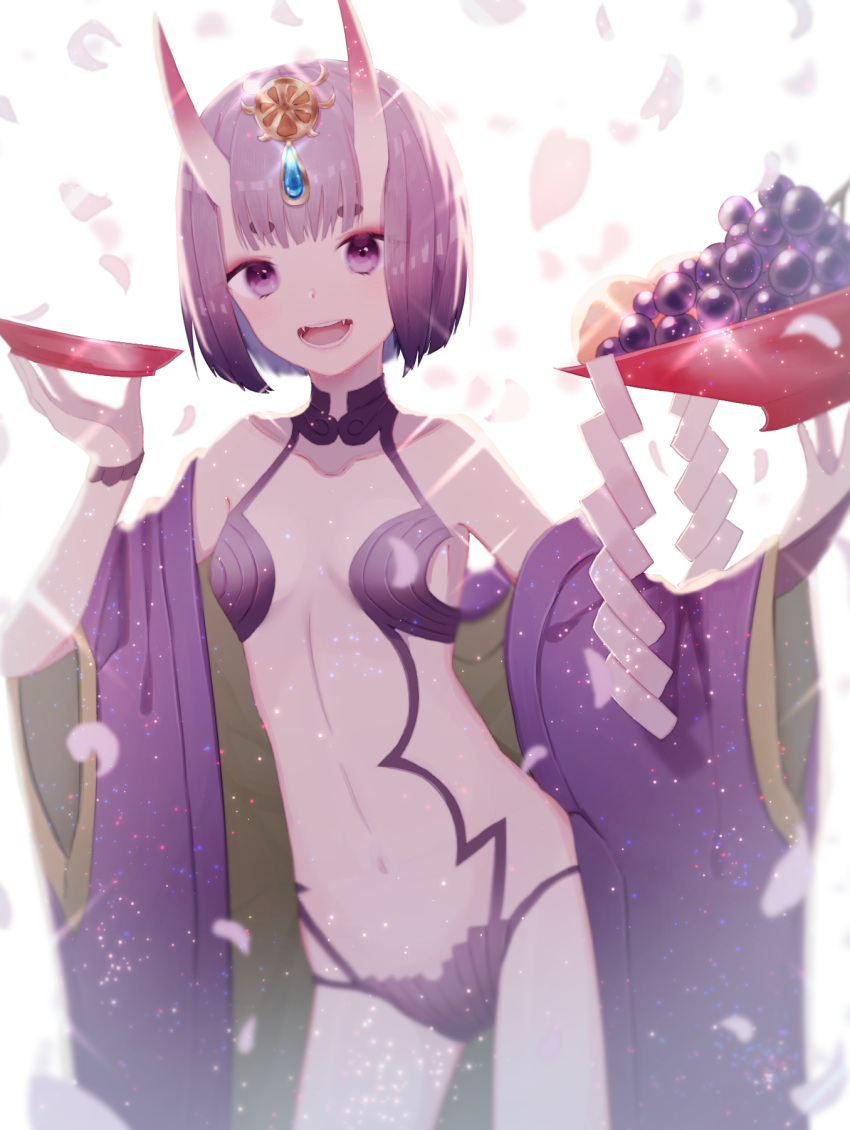 1girl :d bangs breasts cleavage collarbone cowboy_shot cup fangs fate/grand_order fate_(series) hair_ornament highres horns navel open_mouth panties purple_hair purple_panties sakazuki short_hair shuten_douji_(fate/grand_order) small_breasts smile solo sparkle standing umeko_208 underwear violet_eyes white_background