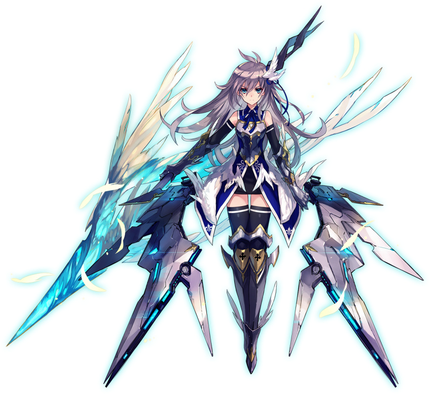 1girl ahoge armored_boots bare_shoulders black_gloves black_legwear black_skirt blue_eyes blue_jacket blue_ribbon boots breastplate collared_jacket daakuro dolls_order elbow_gloves eyebrows_visible_through_hair feathers floating gauntlets gloves hair_between_eyes hair_ribbon highres holding holding_spear holding_weapon jacket knee_boots lancelot_(dolls_order) light_brown_hair long_hair looking_at_viewer mecha_musume mechanical_wings miniskirt neck_ribbon official_art one_side polearm ribbon single_stripe skirt sleeveless_jacket solo spear thigh-highs transparent_background weapon white_feathers winged_boots winged_hair_ornament wings zettai_ryouiki