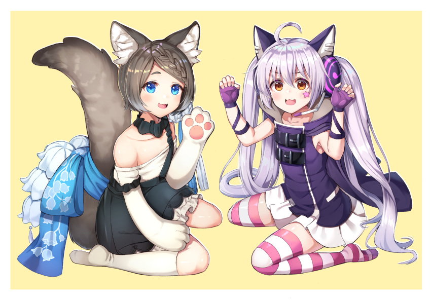 2girls :3 :d ahoge animal_ears arms_up bangs bare_shoulders beige_background blue_bow blue_eyes blush bow braid brown_hair cat_ear_headphones character_request claw_pose collarbone commentary dress english_commentary eyebrows_visible_through_hair facial_mark fingerless_gloves forever_7th_capital gloves green_skirt hair_between_eyes headphones headset highres japanese_clothes kneehighs looking_at_viewer multiple_girls no_shoes off-shoulder_shirt open_mouth parted_bangs paw_gloves paws purple_dress purple_gloves rangen shirt short_hair silver_hair skirt sleeveless sleeveless_shirt smile star striped striped_legwear suspender_skirt suspenders suspenders_slip tail thigh-highs twintails two-tone_background white_background white_legwear white_shirt