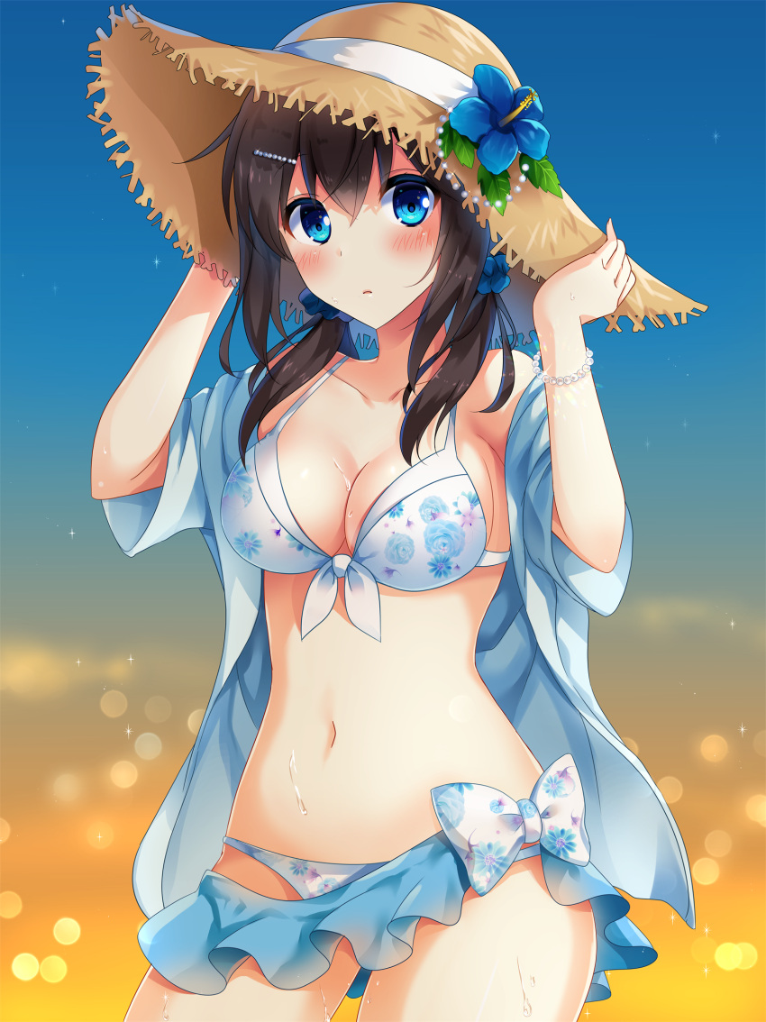1girl arms_up bare_shoulders bikini bikini_skirt black_hair blue_eyes blue_shirt blurry blush bokeh bracelet breasts cleavage collarbone commentary_request depth_of_field floral_print flower food front-tie_bikini front-tie_top fruit hair_ornament hair_scrunchie hairclip hands_on_headwear hayakawa_(hayakawa_illust) hibiscus highres jewelry long_hair medium_breasts navel off_shoulder open_clothes open_shirt original parted_lips pearl_bracelet scrunchie shirt solo strawberry swimsuit twintails white_bikini