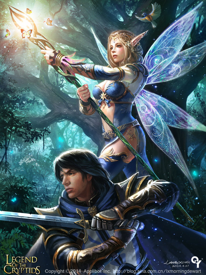 1girl armor artist_name bird black_hair blonde_hair boots copyright_name faceless faceless_male fairy_wings flower gloves green_eyes hair_flower hair_ornament highres leaf legend_of_the_cryptids liang_xing long_hair official_art pointy_ears solo sparkle staff sword tiara tree watermark weapon web_address wings