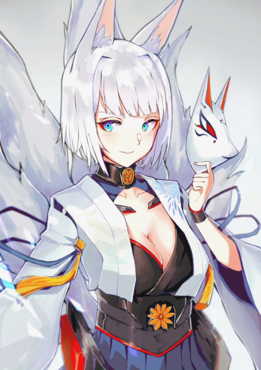 1girl animal_ears azur_lane bangs blue_eyes blue_ribbon blue_skirt blunt_bangs blurry breasts cleavage cleavage_cutout collar collarbone cowboy_shot depth_of_field eyeliner eyeshadow fox_ears fox_girl fox_mask fox_tail grey_background hakama_skirt hand_up highres holding holding_mask japanese_clothes kaga_(azur_lane) kimono kitsune large_breasts light_smile long_sleeves looking_to_the_side makeup mask mask_removed multiple_tails outstretched_hand parted_lips ribbon ribbon_trim septoleaf short_hair simple_background skirt solo tail tassel underbust white_hair white_kimono wide_sleeves wristband