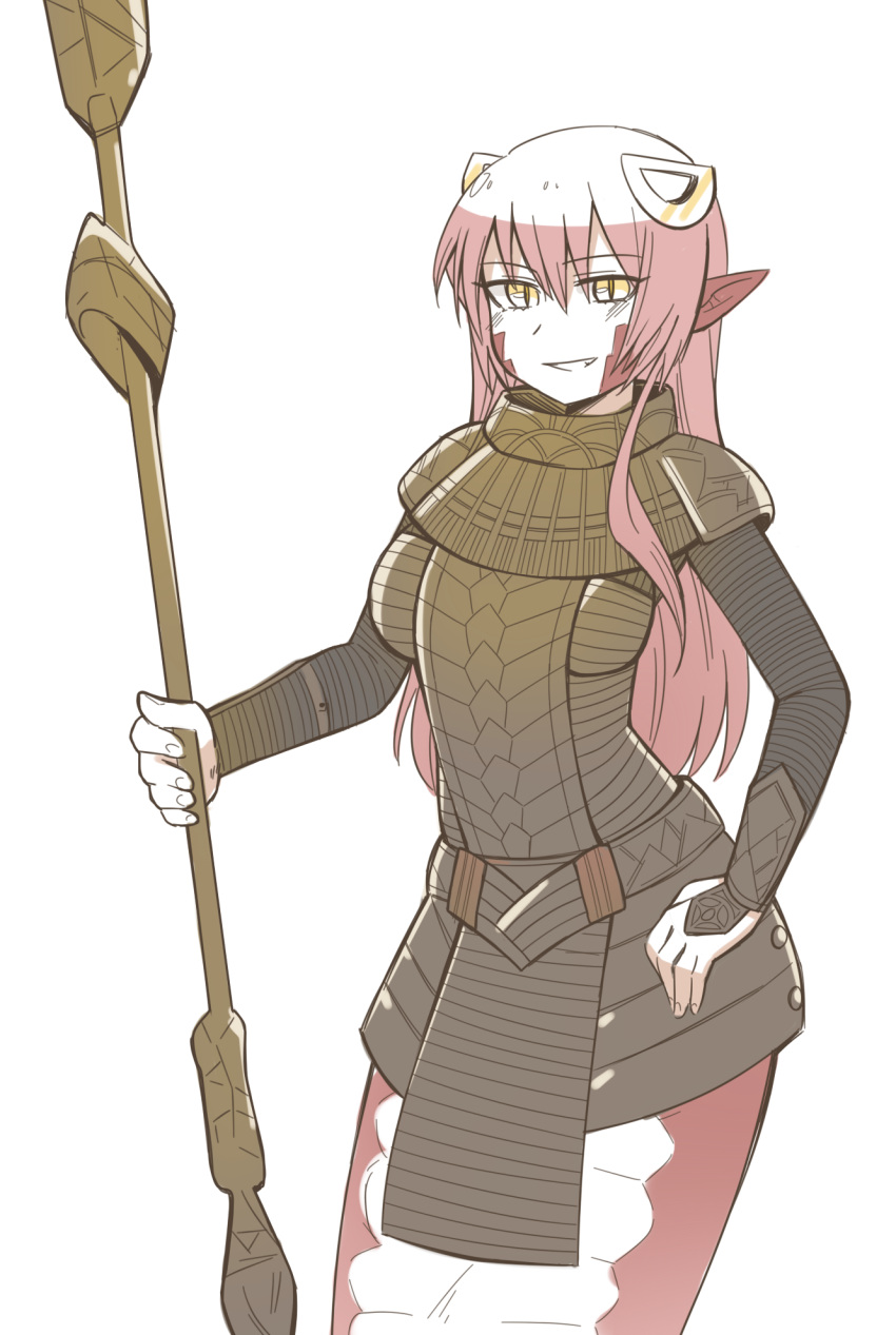 1girl armor artist_request blush commission crossover hand_on_hip highres holding holding_staff lamia long_hair looking_at_viewer miia_(monster_musume) monster_girl monster_musume_no_iru_nichijou pink_hair pointy_ears scales slit_pupils smile solo staff stargate_sg-1 yellow_eyes