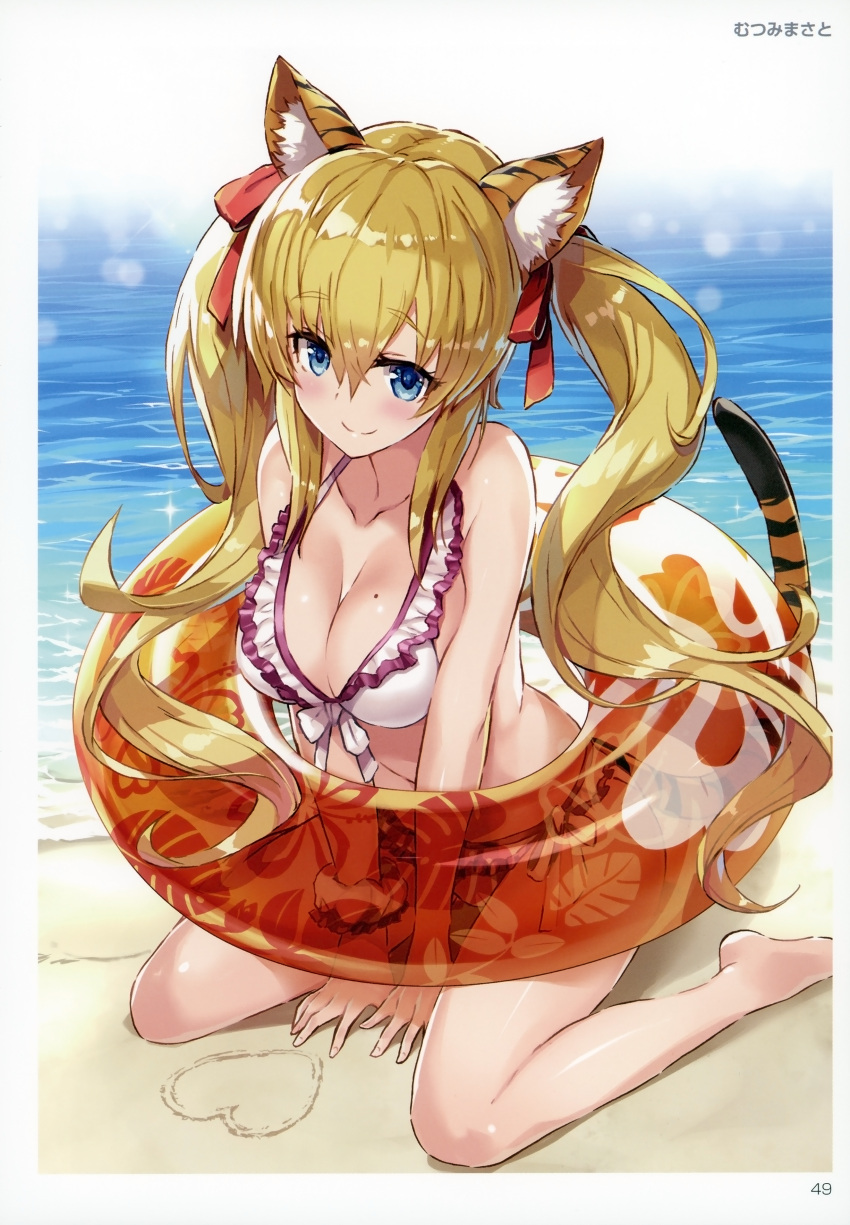 1girl absurdres animal_ears artist_name bangs bare_shoulders bikini blonde_hair blue_eyes bow breasts cleavage closed_mouth collarbone day eyebrows_visible_through_hair floral_print hair_bow heart highres innertube long_hair looking_at_viewer mole mole_on_breast outdoors sand scan see-through shiny shiny_hair shiny_skin side-tie_bikini sitting smile solo swimsuit tail tiger_ears tiger_tail toranoana twintails wariza