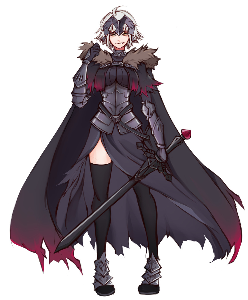 1girl ahoge black_cape black_dress black_legwear boots breasts cape commission dress fate/grand_order fate_(series) full_body fur_trim gauntlets gorget grey_hair hand_up headpiece heikky highres holding holding_sword holding_weapon jeanne_d'arc_(alter)_(fate) jeanne_d'arc_(fate)_(all) large_breasts looking_at_viewer metal_boots parted_lips pigeon-toed short_hair simple_background smile smirk solo standing sword thigh-highs weapon white_background yellow_eyes