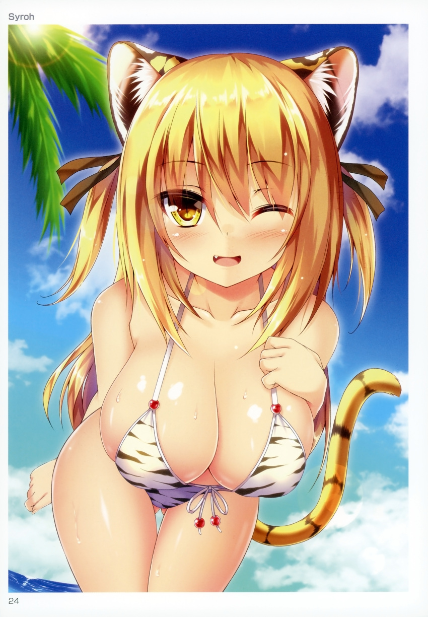 1girl absurdres animal_ears artist_name bangs blonde_hair breasts brown_eyes cleavage day eyebrows_visible_through_hair fang highres huge_filesize large_breasts leaning_forward outdoors scan smile solo sunlight swimsuit syroh tail tiger_ears tiger_tail toranoana