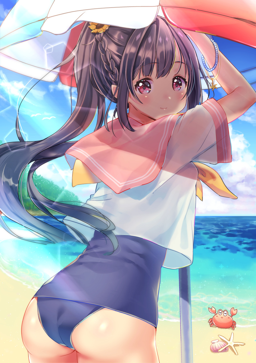 1girl absurdres ass beach beach_umbrella blush bracelet braid brown_hair closed_mouth clouds cona_kinaco crop_top day flower from_behind hair_flower hair_ornament heart heart-shaped_pupils high_ponytail highres jewelry leaning_forward long_hair looking_back neckerchief original outdoors pink_eyes sailor_collar school_swimsuit sky smile solo sparkle starfish swimsuit symbol-shaped_pupils umbrella very_long_hair water
