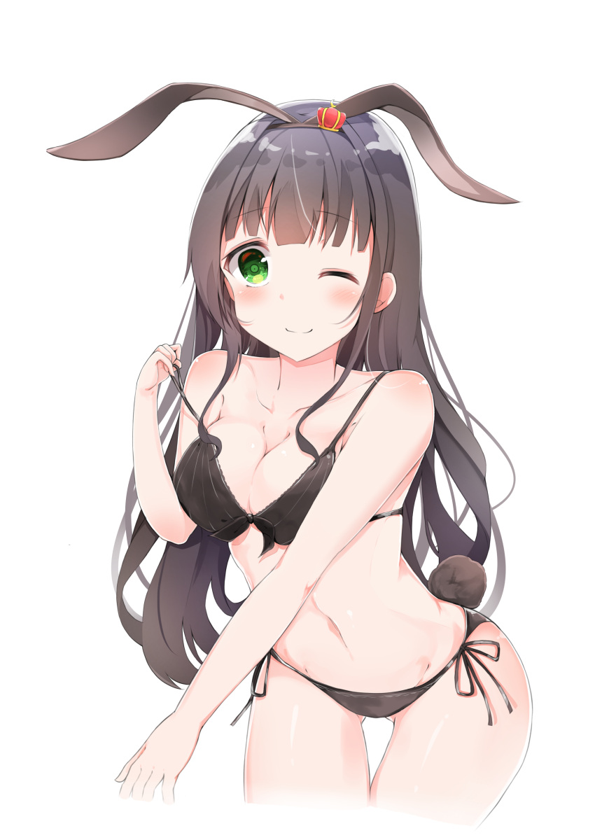 1girl ;) absurdres animal_ears bangs bikini black_bikini black_hair black_hairband blush breasts cleavage collarbone cowboy_shot cropped_legs crown eyebrows_visible_through_hair fake_animal_ears floating_hair gochuumon_wa_usagi_desu_ka? groin hairband highres long_hair looking_at_viewer maru_usagi_(maruusagi22) medium_breasts mini_crown navel one_eye_closed rabbit_ears shiny shiny_hair side-tie_bikini simple_background smile solo standing swimsuit ujimatsu_chiya undressing very_long_hair white_background