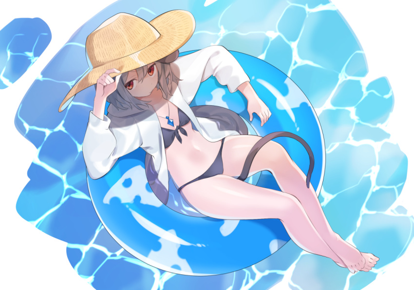 1girl akagashi_hagane animal_ears bare_legs barefoot between_legs bikini black_bikini collarbone commentary_request from_above front-tie_bikini front-tie_top full_body grey_hair hair_between_eyes hand_up hat hood hooded_jacket innertube jacket jewelry long_sleeves looking_at_viewer looking_up mouse_ears mouse_tail navel nazrin open_clothes open_jacket pendant red_eyes shiny shiny_skin sitting solo stomach sun_hat swimsuit tail tail_between_legs thighs touhou water white_jacket yellow_hat