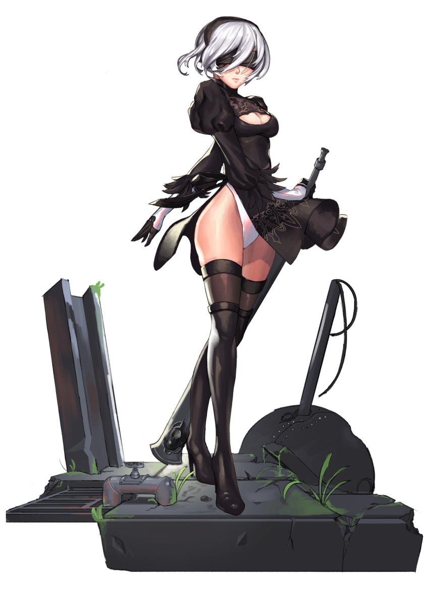 1girl absurdres bangs beudyek black_blindfold black_dress black_footwear black_hairband black_legwear blindfold boots breasts cleavage cleavage_cutout closed_mouth commentary dress facing_viewer feather-trimmed_sleeves hair_between_eyes hairband high_heel_boots high_heels highres holding holding_sword holding_weapon juliet_sleeves leotard leotard_under_clothes long_sleeves looking_at_viewer medium_breasts mole mole_under_mouth nier_(series) nier_automata puffy_sleeves silver_hair solo standing standing_on_one_leg sword thigh-highs thigh_boots valve weapon white_background white_leotard yorha_no._2_type_b
