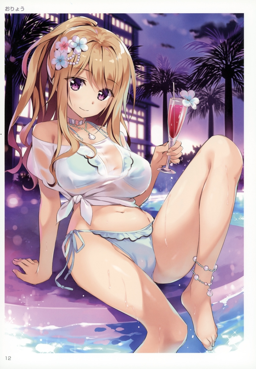 1girl absurdres arm_support artist_name artist_request bangs bare_shoulders barefoot bikini breasts brown_hair closed_mouth cup drinking_glass eyebrows_visible_through_hair feet flower hair_ornament highres holding huge_filesize large_breasts looking_at_viewer navel night night_sky palm_tree ponytail poolside scan see-through side-tie_bikini sky smile solo swimsuit toranoana tree violet_eyes wet wet_clothes