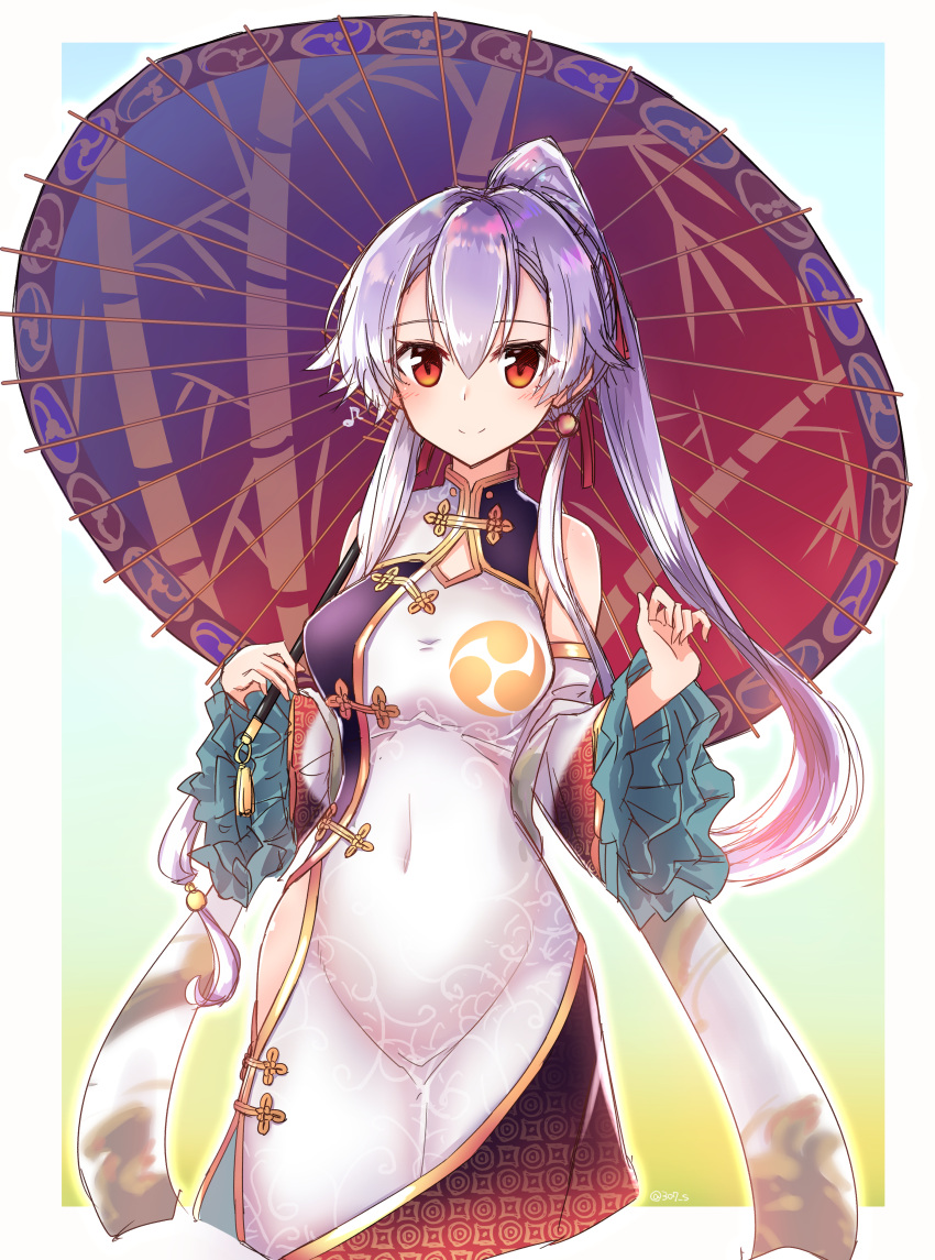 1girl absurdres china_dress chinese_clothes covered_navel dress fate/grand_order fate_(series) highres hip_vent long_hair mitsudomoe_(shape) o_h_miona oriental_umbrella ponytail red_eyes silver_hair solo tomoe_(symbol) tomoe_gozen_(fate/grand_order) umbrella
