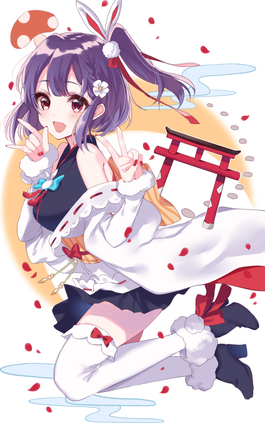 1girl :d \m/ bare_shoulders black_skirt blue_neckwear bow bowtie braid copyright_request fang flower from_side hair_flower hair_ornament hair_ribbon highres jumping looking_at_viewer misumi_(macaroni) mushroom open_mouth pleated_skirt purple_hair red_ribbon revision ribbon side_ponytail skirt smile solo thigh-highs v violet_eyes white_background white_flower white_legwear