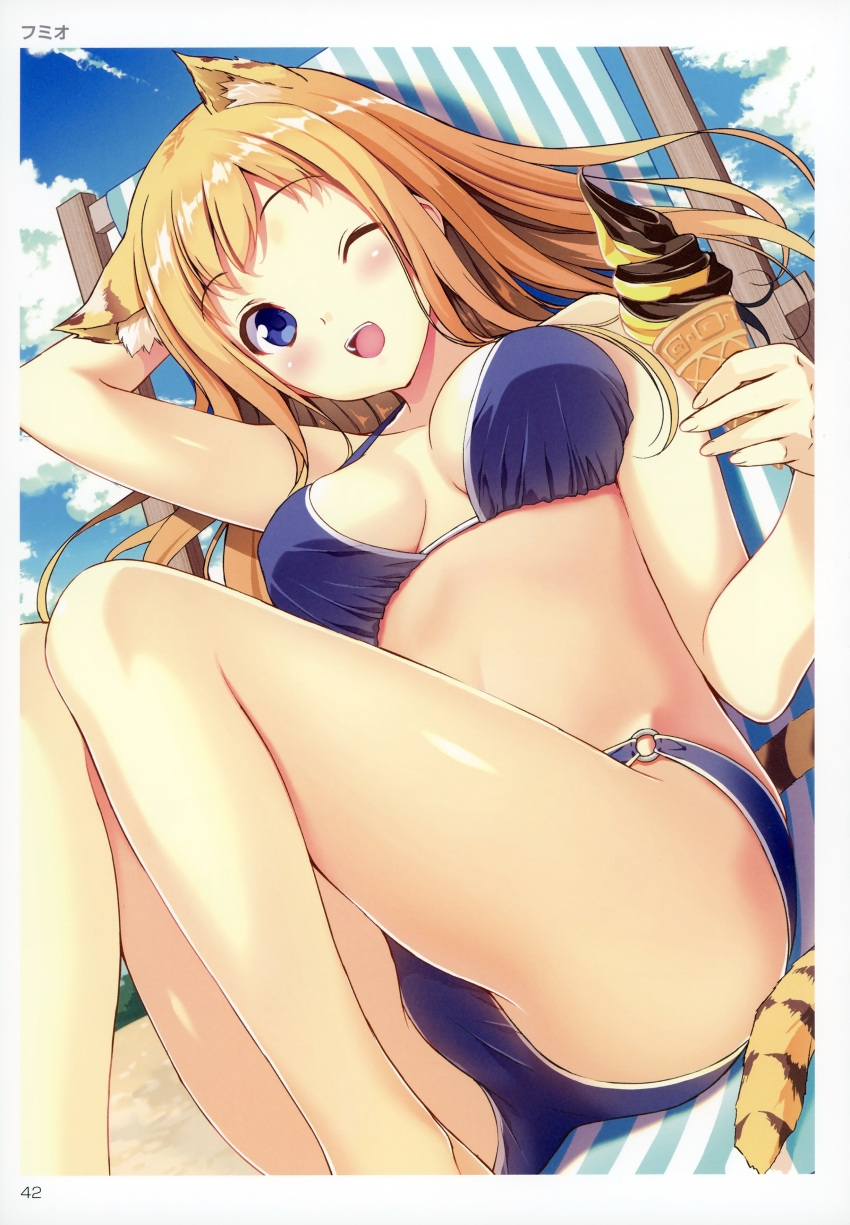 1girl absurdres artist_name artist_request bangs bare_shoulders beach_chair bikini blonde_hair blue_eyes blue_sky blush clouds cloudy_sky day eyebrows_visible_through_hair food highres holding ice_cream long_hair looking_at_viewer one_eye_closed open_mouth outdoors page_number scan shiny shiny_hair shiny_skin sitting sky smile solo swimsuit toranoana