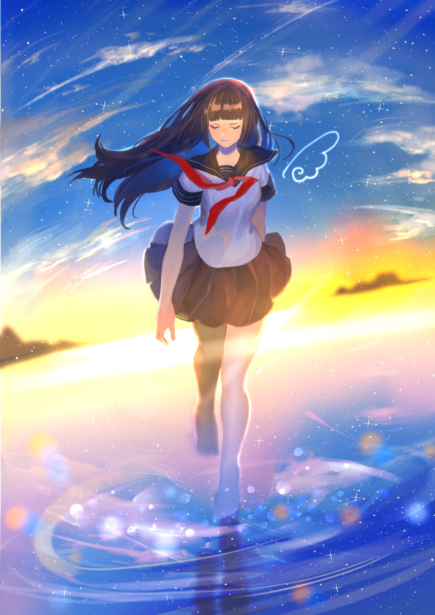 1girl absurdres bangs barefoot blue_skirt blue_sky brown_hair closed_eyes closed_mouth clouds commentary_request from_above highres lens_flare long_hair looking_down neckerchief original pleated_skirt red_neckwear ribbon sailor_collar sakupannda06o school_uniform serafuku short_sleeves skirt sky smile sun wind
