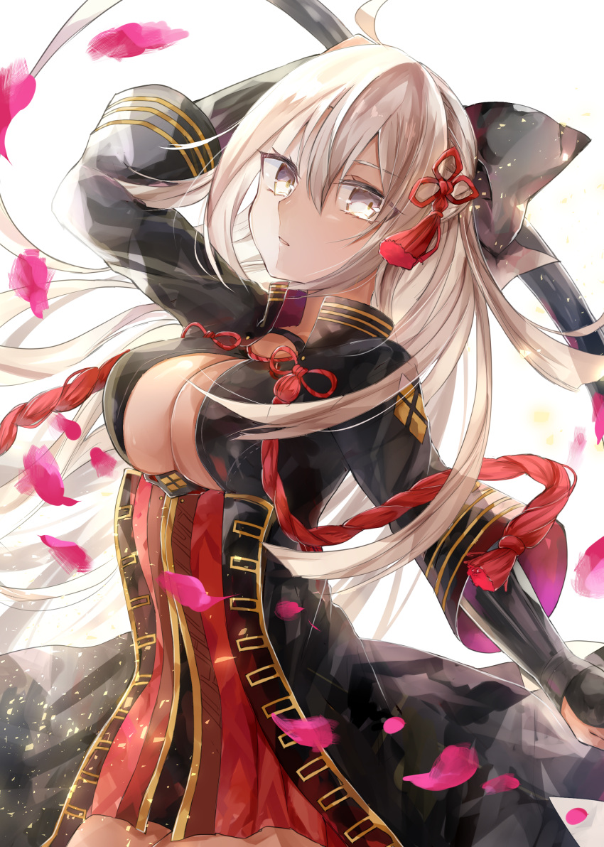 1girl absurdres arm_up black_bow bow breasts cleavage cowboy_shot fate/grand_order fate_(series) floating_hair grey_eyes hair_between_eyes hair_bow hair_ornament high-waist_skirt highres holding large_breasts long_hair miniskirt moko_(3886397) okita_souji_(alter)_(fate) okita_souji_(fate)_(all) parted_lips petals pleated_skirt red_skirt silver_hair simple_background skirt solo standing very_long_hair white_background