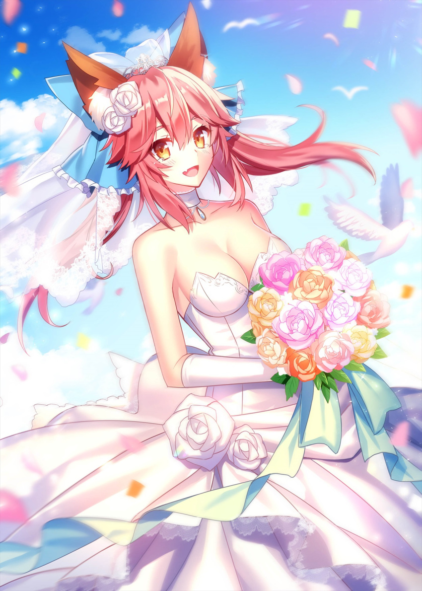1girl alternate_costume animal_ears bare_shoulders blue_ribbon blush bouquet bow breasts bridal_veil bride cleavage dress elbow_gloves fang fate/extra fate/grand_order fate_(series) flower fox_ears fox_tail fuyuki_(neigedhiver) gloves hair_bow hair_ribbon highres large_breasts long_hair looking_at_viewer open_mouth pink_hair ribbon rose solo tail tamamo_(fate)_(all) tamamo_no_mae_(fate) tears veil wedding wedding_dress white_dress white_flower white_gloves yellow_eyes