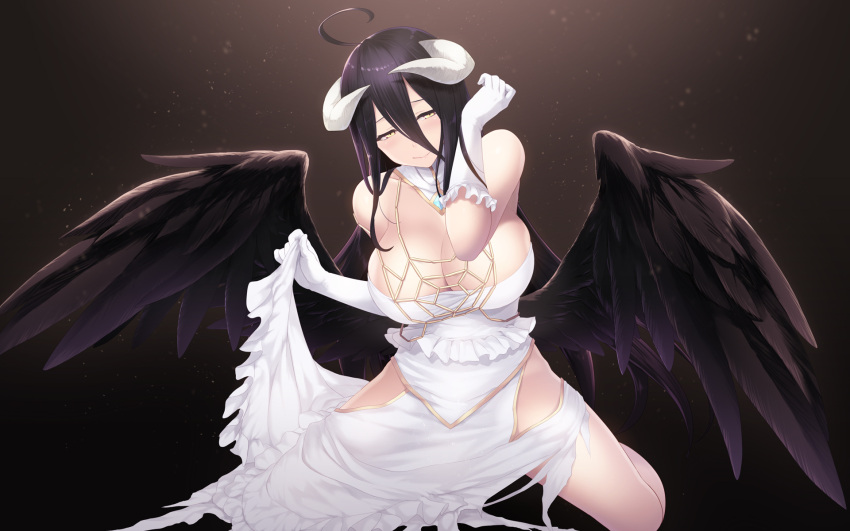 1girl ahoge albedo bangs bare_shoulders black_hair black_wings blush breasts cait collarbone demon_girl demon_horns detached_collar dress elbow_gloves feathered_wings gloves hair_between_eyes highres hip_vent horns kneeling large_breasts long_hair looking_at_viewer low_wings overlord_(maruyama) smile solo thighs white_dress white_gloves wings yellow_eyes