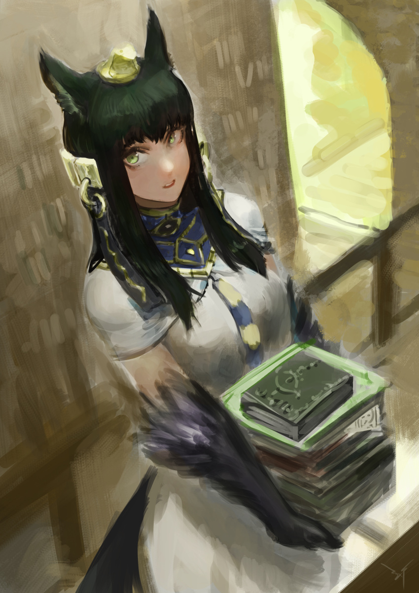 1girl absurdres animal_ears anubis_(monster_girl_encyclopedia) black_hair book book_stack commission dress ex-trident from_above green_eyes hair_ornament highres holding holding_book indoors long_hair looking_at_viewer looking_up monster_girl monster_girl_encyclopedia necktie parted_lips paws snake_hair_ornament solo standing white_dress wolf_ears