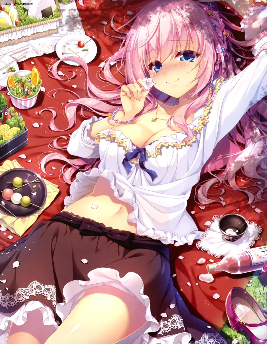 1girl absurdres arm_up artist_name bangs bare_legs basket black_skirt blanket blue_eyes blue_ribbon blush bottle bracelet braid breasts cherry cherry_blossoms choko_(cup) chopsticks cleavage closed_mouth cocktail_pick collar collarbone cowboy_shot cup day dengeki_moeou dutch_angle egg eyebrows_visible_through_hair flower food frilled_shirt frilled_skirt frilled_sleeves frills from_above fruit gem grass hair_ornament hair_ribbon hanami hand_up highres holding holding_flower jewelry kiwi_slice kiwifruit large_breasts leaf leg_up lens_flare lettuce light_particles light_rays long_hair long_sleeves looking_at_viewer lying mary_janes navel obentou on_back onigiri open_clothes open_shirt orange original outdoors petals picnic picnic_basket pink_hair plate ribbon shadow shiny shiny_skin shirt shoes shoes_removed skirt smile solo strawberry suzushiro_atsushi thighs tomato toothpick wagashi white_shirt