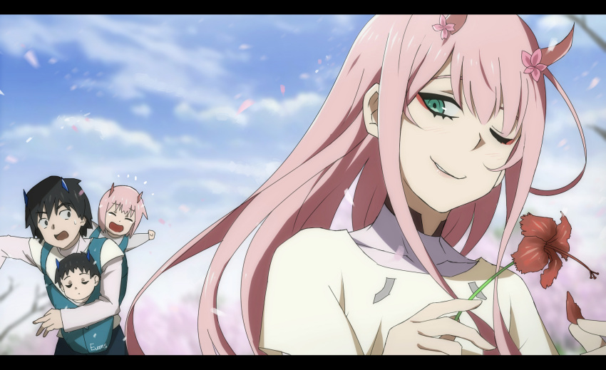 2boys 2girls bangs black_hair blue_horns blue_sky carrying child closed_eyes clouds commentary_request couple crying darling_in_the_franxx day flower green_eyes hair_flower hair_ornament hand_up hetero highres hiro_(darling_in_the_franxx) holding holding_flower horns letterboxed long_hair long_sleeves multiple_boys multiple_girls one_eye_closed oni_horns petals pink_hair shirt short_hair sky sweat tears uu_(pixiv11319066) white_shirt zero_two_(darling_in_the_franxx)