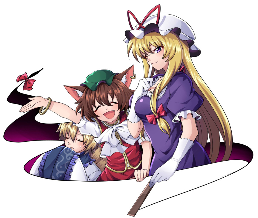 3girls :d ^_^ animal_ears arm_up bangs between_breasts blonde_hair bow bowtie breasts brown_hair cat_ears chen closed_eyes closed_eyes closed_mouth commentary_request dress eyebrows_visible_through_hair eyelashes facing_to_the_side facing_viewer fan fang finger_to_mouth fingernails folding_fan frilled_sleeves frills gap gloves green_hat hair_ribbon hand_between_breasts hat hat_ribbon highres holding holding_fan jewelry large_breasts long_hair looking_at_viewer mob_cap multiple_girls nose one_eye_closed open_mouth outstretched_arm own_hands_together pekepeke_(toho_jk) puffy_short_sleeves puffy_sleeves purple_dress red_ribbon red_skirt red_vest ribbon shirt short_hair short_sleeves sigh simple_background single_earring skirt skirt_set sleeves_past_fingers sleeves_past_wrists smile sweatdrop touhou vest violet_eyes white_background white_dress white_gloves white_hat white_neckwear white_shirt yakumo_ran yakumo_yukari