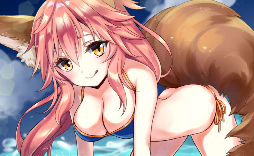 1girl animal_ears azukiame bikini blue_bikini blush breasts cleavage fate/extra fate/grand_order fate_(series) fox_ears fox_tail large_breasts long_hair looking_at_viewer pink_hair side-tie_bikini solo swimsuit tail tamamo_(fate)_(all) tamamo_no_mae_(swimsuit_lancer)_(fate) tongue yellow_eyes