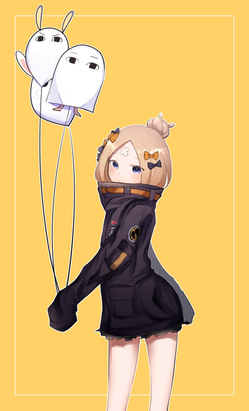 1girl abigail_williams_(fate/grand_order) alternate_hairstyle artist_request balloon bandaid_on_forehead bangs belt black_bow black_jacket blonde_hair blue_eyes blush bow closed_mouth fate/grand_order fate_(series) forehead fou_(fate/grand_order) hair_bow hair_bun high_collar highres jacket long_hair looking_at_viewer medjed nitocris_(fate/grand_order) nitocris_(swimsuit_assassin)_(fate) orange_bow parted_bangs polka_dot polka_dot_bow simple_background sleeves_past_fingers sleeves_past_wrists solo thighs yellow_background