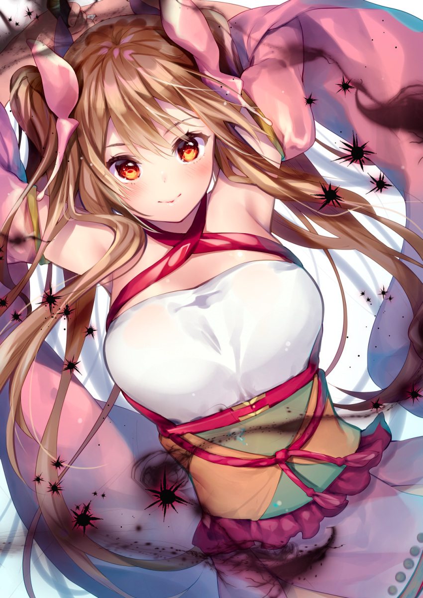 1girl arms_up bangs blush breasts brown_hair character_request closed_mouth cocoa_(cafe-hotcocoa) commentary_request detached_sleeves dutch_angle hair_between_eyes highres large_breasts long_hair looking_at_viewer obi orange_eyes sash sennen_sensou_aigis smile solo two_side_up