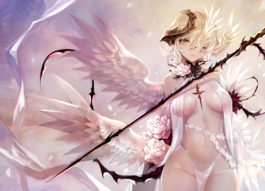 1girl angel apt bangs bare_shoulders blonde_hair breasts closed_mouth commentary_request cowboy_shot cross_scar feathered_wings flower grey_eyes groin hair_over_one_eye halterneck head_wings highres horn loincloth medium_breasts multiple_wings navel original pelvic_curtain petals revealing_clothes rose rose_petals short_hair sky solo white_flower white_rose white_wings wings