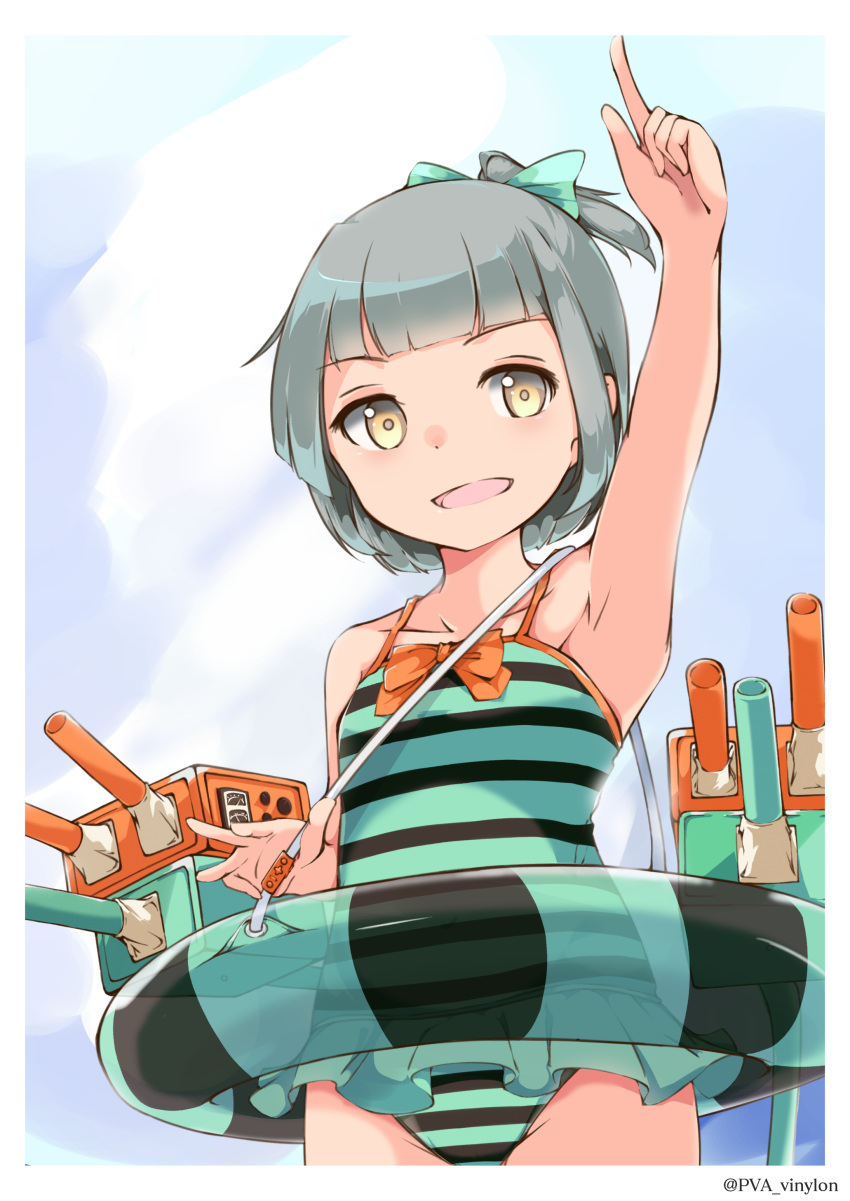 1girl absurdres bow brown_eyes casual_one-piece_swimsuit green_swimsuit grey_hair hair_bow highres innertube kantai_collection looking_at_viewer machinery one-piece_swimsuit pointing pointing_up ponytail solo striped striped_swimsuit swimsuit swimsuit_skirt upper_body uut younger yuubari_(kantai_collection)