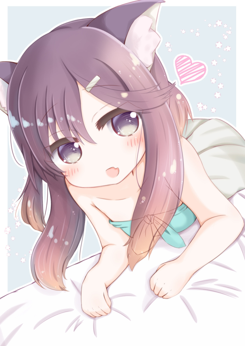 1girl :d animal_ears arm_support bangs bare_arms bare_shoulders blush brown_hair cat_ears collarbone commentary_request dutch_angle eyebrows_visible_through_hair fang gradient_hair green_shirt grey_skirt hair_between_eyes hair_ornament hairclip heart highres kantai_collection leaning_forward looking_at_viewer multicolored_hair open_mouth pleated_skirt purple_hair ridy_(ri_sui) shirt skirt smile solo strapless tsushima_(kantai_collection) tubetop violet_eyes x-ray