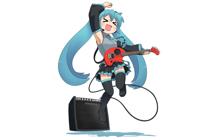 closed_eyes guitar hatsune_miku open_mouth solo twintails vocaloid white