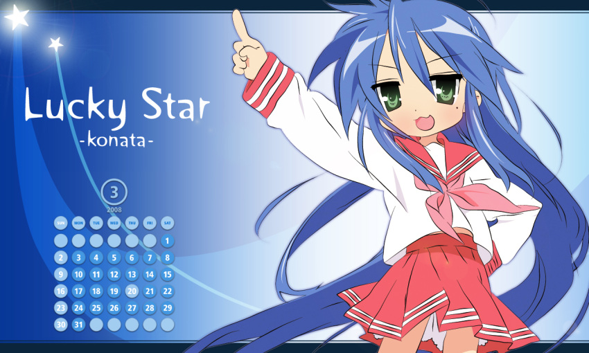 blue blue_hair izumi_konata long_hair lucky_star open_mouth pointing