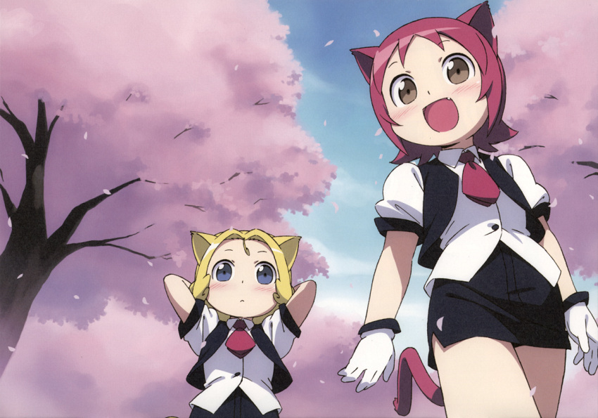 :&lt; animal_ears arms_behind_head blue_eyes blush brown_eyes cat_ears cat_tail catgirl chibi child fang gloves kanzaki_hiro multiple_girls necktie open_mouth outdoors sakura skirt sky tabgraphics tail tareme tree uniform white_gloves