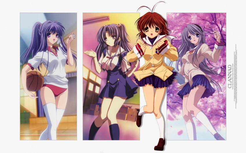 basketball blue_eyes blue_hair brown_eyes brown_hair buruma clannad fujibayashi_kyou furukawa_nagisa hair_bobbles hair_ornament hairband highres ichinose_kotomi long_hair official_art ponytail purple_hair sakagami_tomoyo school_uniform short_hair socks thighhighs two_side_up wallpaper winter_uniform