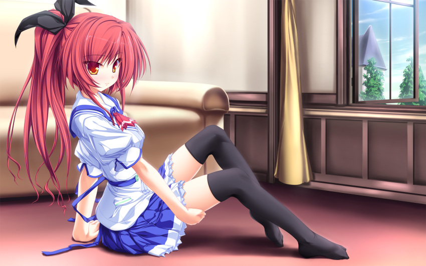 highres magus_tale ponytail red_eyes red_hair ribbon school_uniform seera_finis_victoria sitting tenmaso thigh-highs thighhighs wallpaper