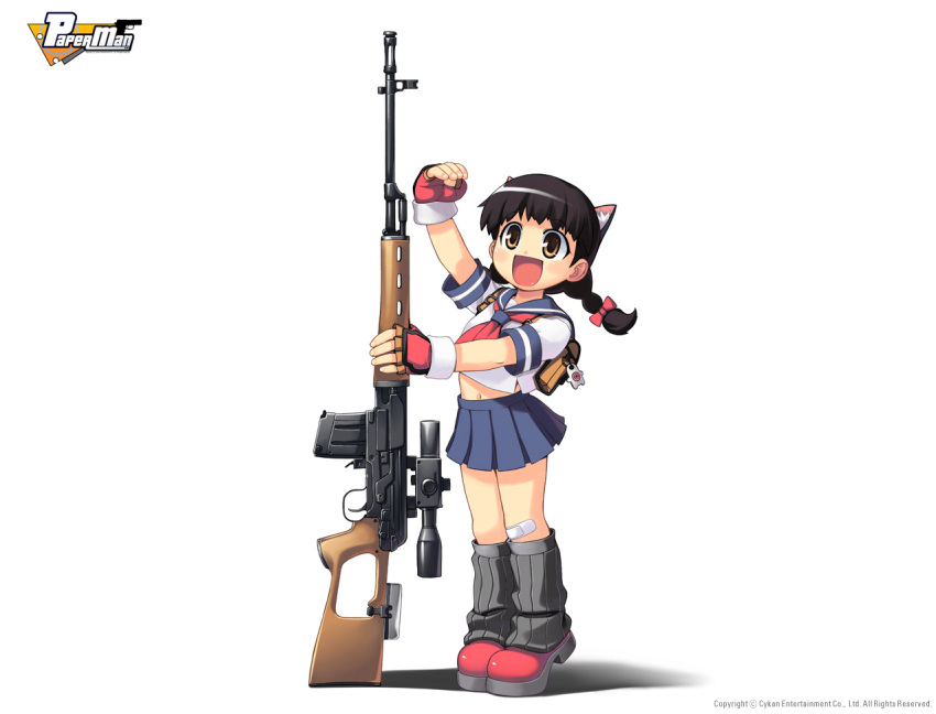 backpack bag bandaid black_hair braid cat_ears catgirl dragunov_svd fingerless_gloves gloves gun loli loose_socks navel official_art paperman randoseru rifle school_uniform serafuku short_hair smile sniper_rifle socks svd weapon white yellow_eyes